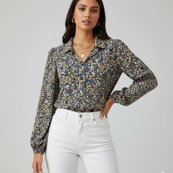 Boho Ditsy Floral Print Long Sleeve Shirt - Picture 1 of 6